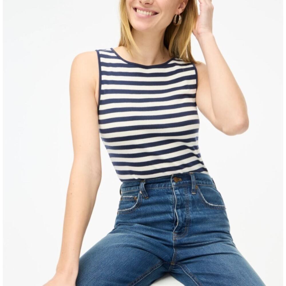 J.Crew Striped Shell Tank Top WMNS S White Navy Contrast Trim Slim Cotton Knit